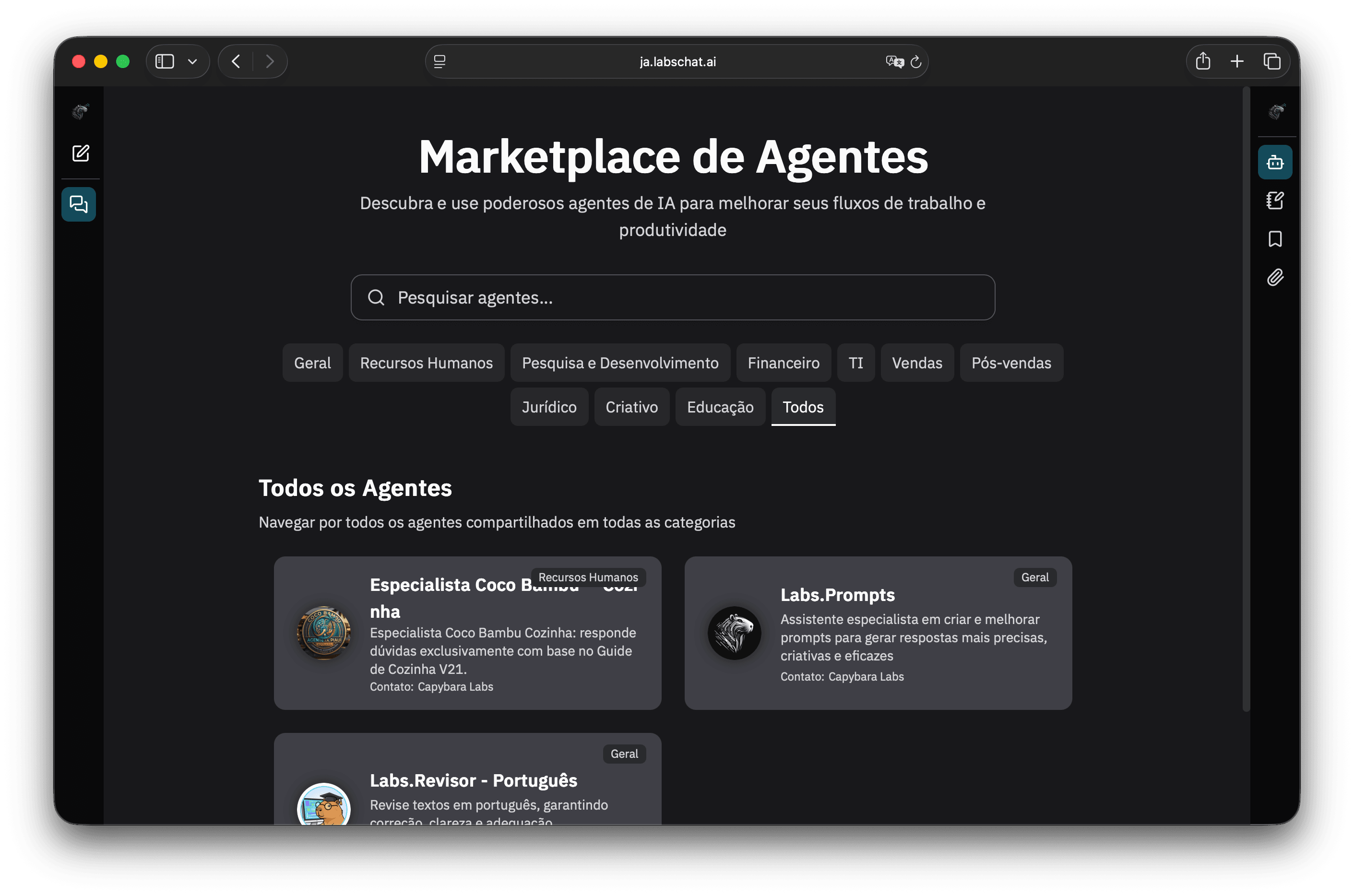 Marketplace de Agentes do LabsChat.Ai, com agentes por categoria
