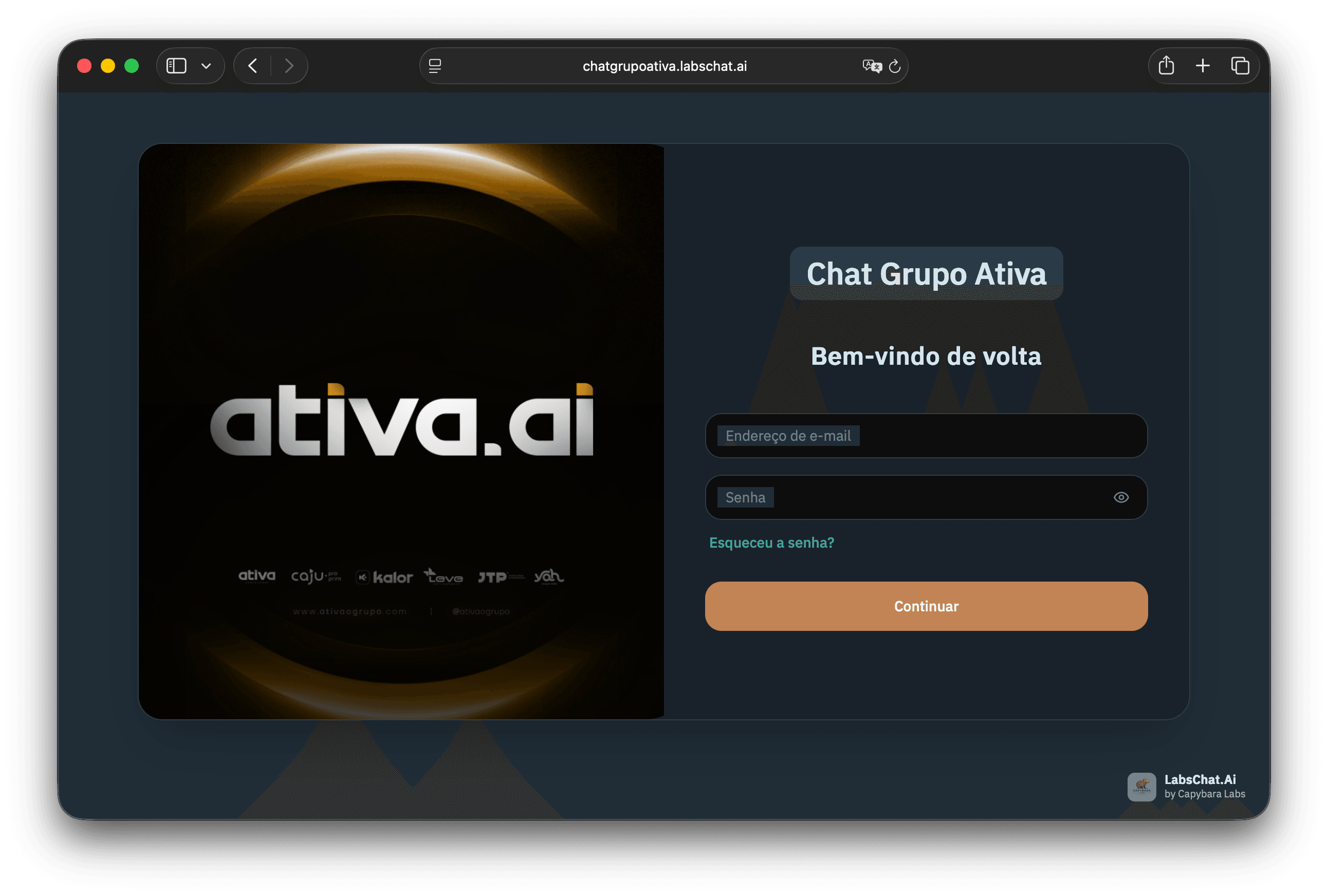 Tela de login do Chat Grupo Ativa, com a marca ativa.ai
