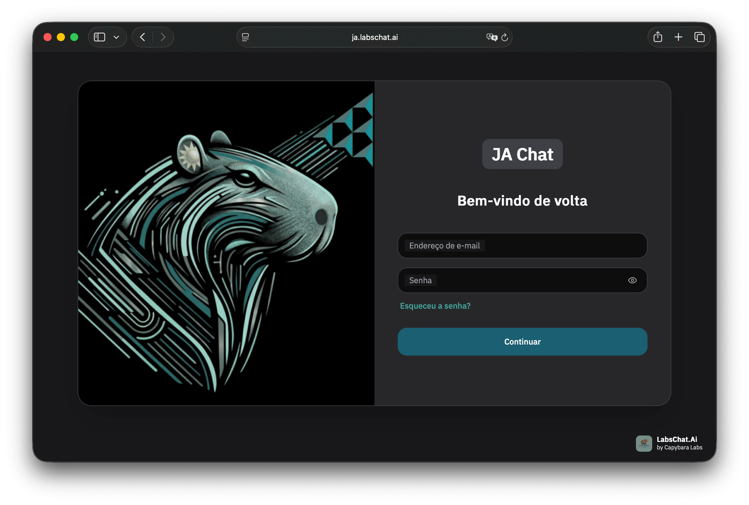 Tela de login do JA Chat, no endereço ja.labschat.ai